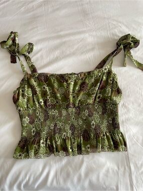 Wilfred Green Floral Smocked Tie-Strap Crop Camisole